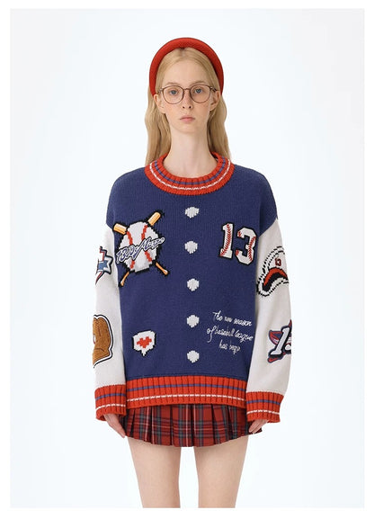 13DE MARZO Pixel Bear Baseball Sweater Blue