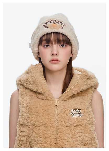 13DE MARZO Embroidered Plush Beanie Almond