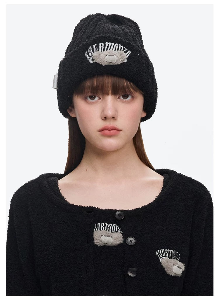 13DE MARZO Embroidered Plush Beanie Black