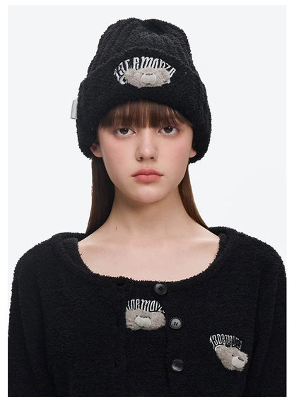 13DE MARZO Embroidered Plush Beanie Black