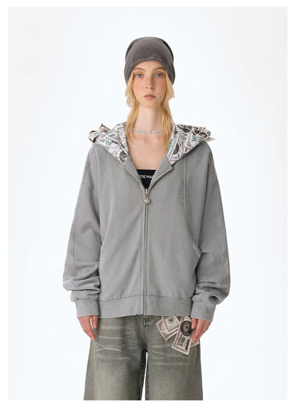 13DE MARZO Bear Cash Zipper Hoodie Grey