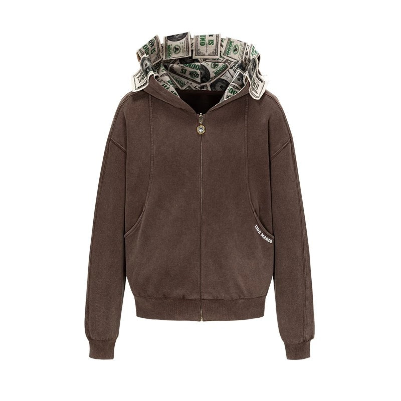 13DE MARZO Bear Cash Zipper Hoodie Brown