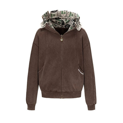 13DE MARZO Bear Cash Zipper Hoodie Brown