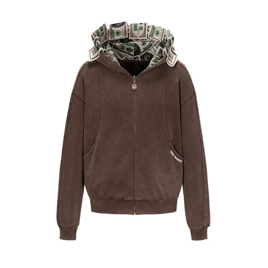 13DE MARZO Bear Cash Zipper Hoodie Brown