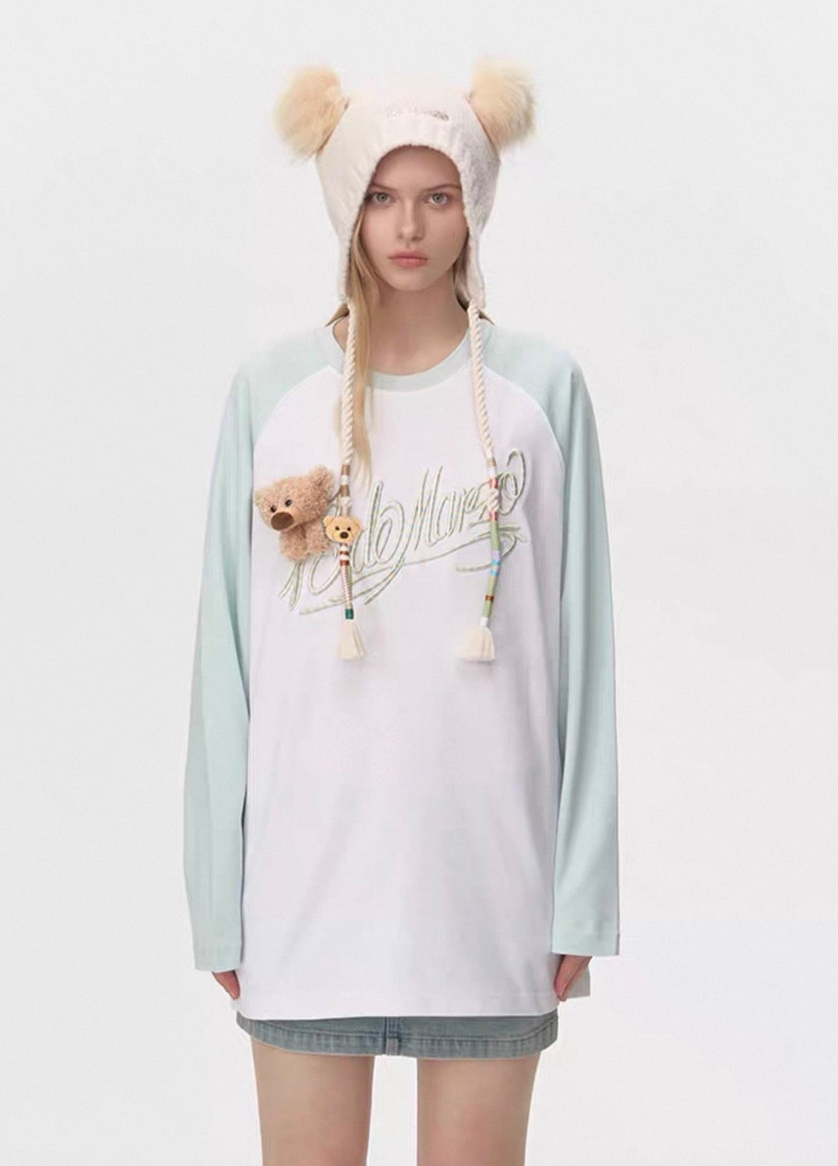 13DE MARZO Bear Ear Color Lace Beanie White