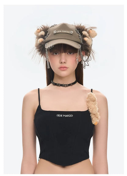 13DE MARZO Chains Fuzzy Ear Flap Cap Khaki