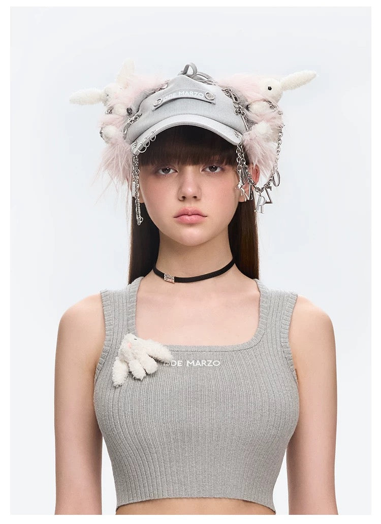 13DE MARZO Chains Fuzzy Ear Flap Cap Grey
