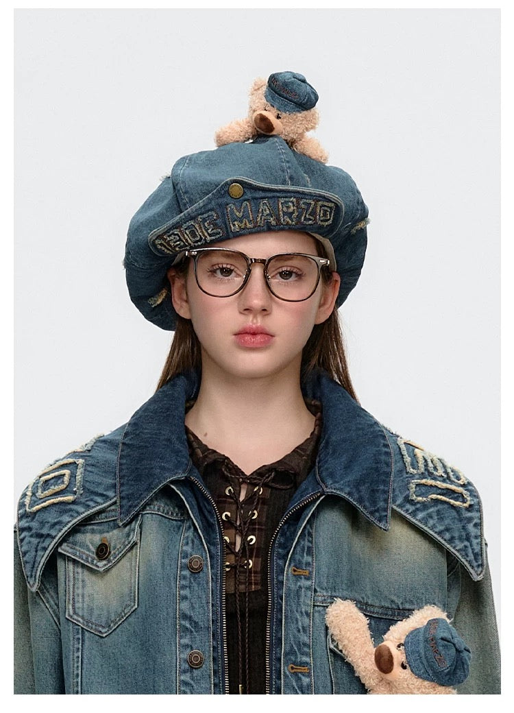 13DE MARZO Denim Cuffed Beret Hat Blue