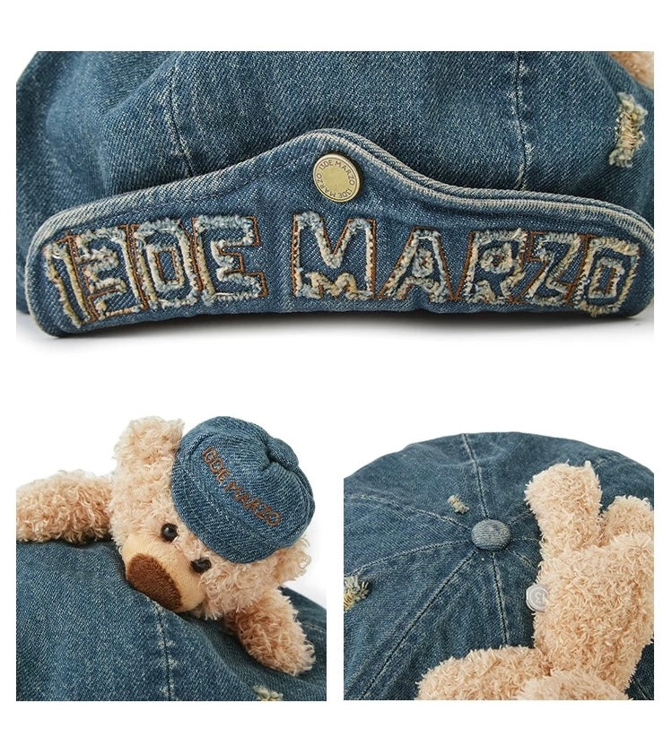 13DE MARZO Denim Cuffed Beret Hat Blue