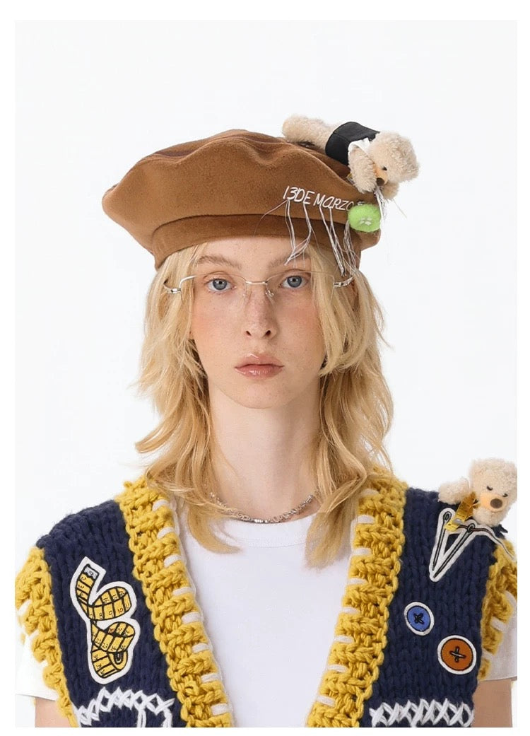 13DE MARZO Tailor Bear Button Beret Brown