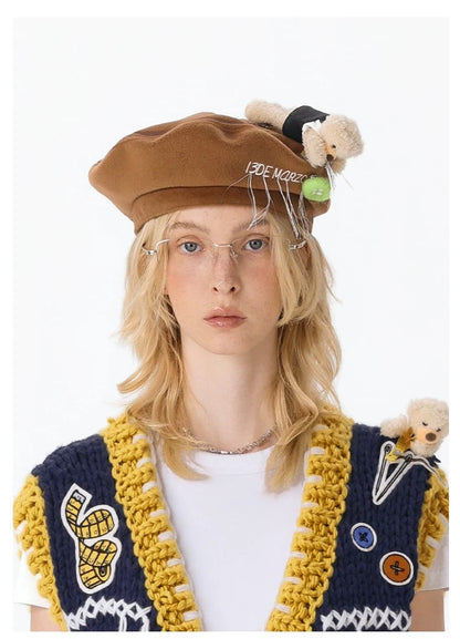 13DE MARZO Tailor Bear Button Beret Brown