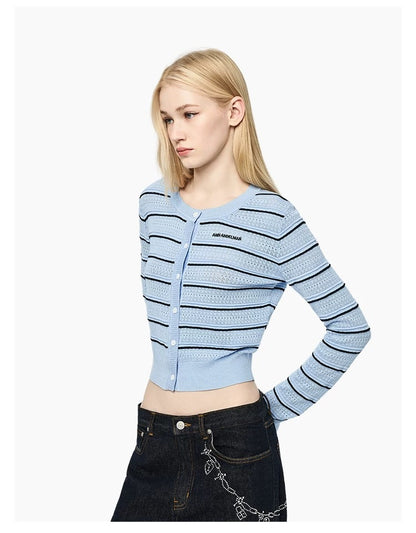 Ann Andelman Blue Striped Openwork Knit Top