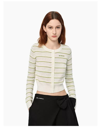 Ann Andelman Green Striped Openwork Knit Top