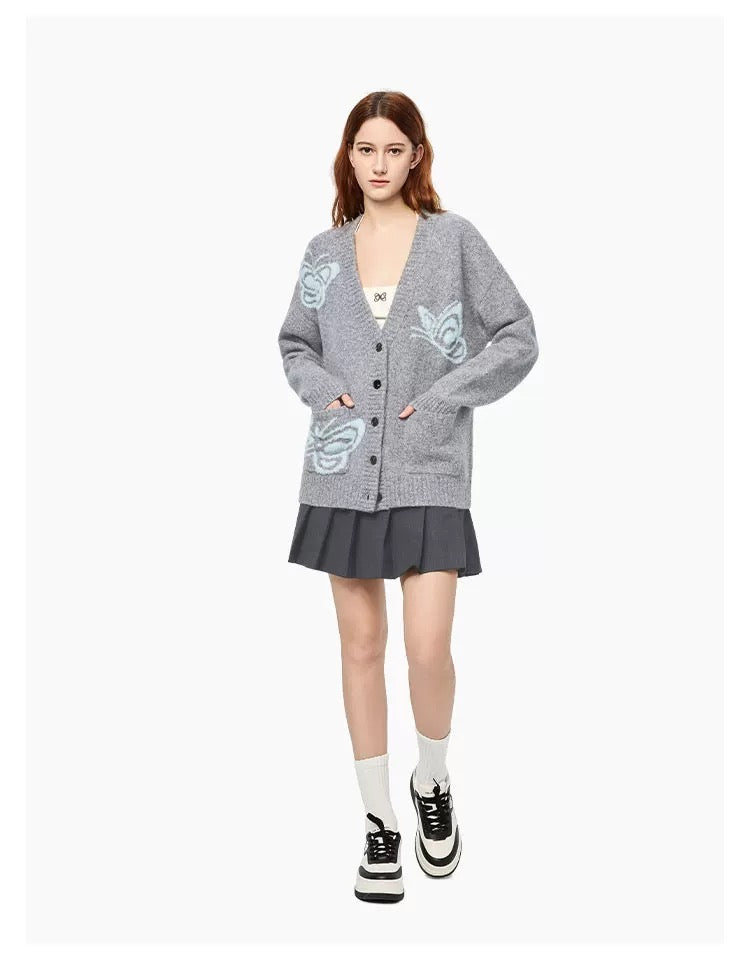 Ann Andelman Light Gray Butterfly Jacquard V-neck Cardigan