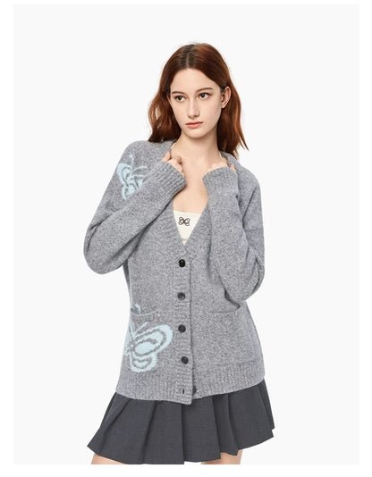 Ann Andelman Light Gray Butterfly Jacquard V-neck Cardigan