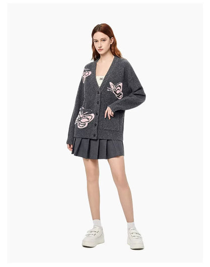 Ann Andelman Dark Gray Butterfly Jacquard V-neck Cardigan