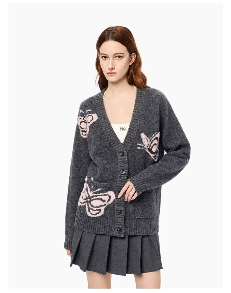 Ann Andelman Dark Gray Butterfly Jacquard V-neck Cardigan