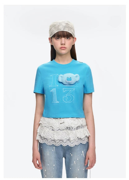 13DE MARZO Doozoo 3-D Bear Cropped Top Blue