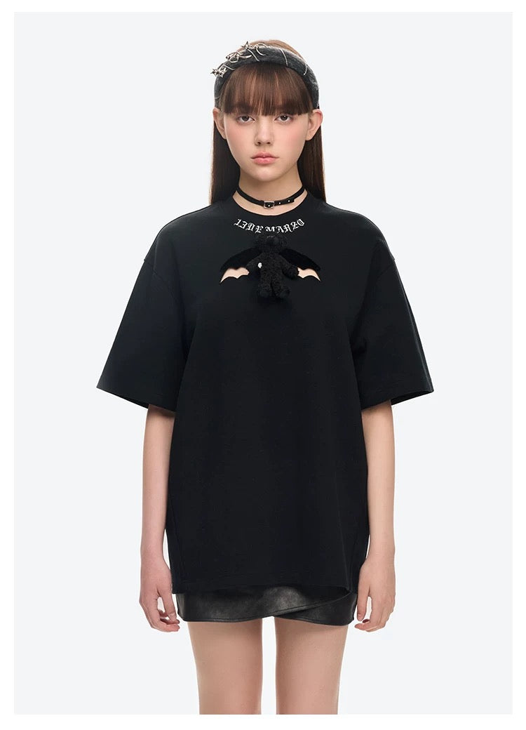 13DE MARZO Angel Devil Hollow Out T-Shirt Black