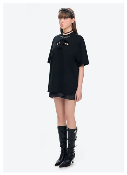 13DE MARZO Angel Devil Hollow Out T-Shirt Black