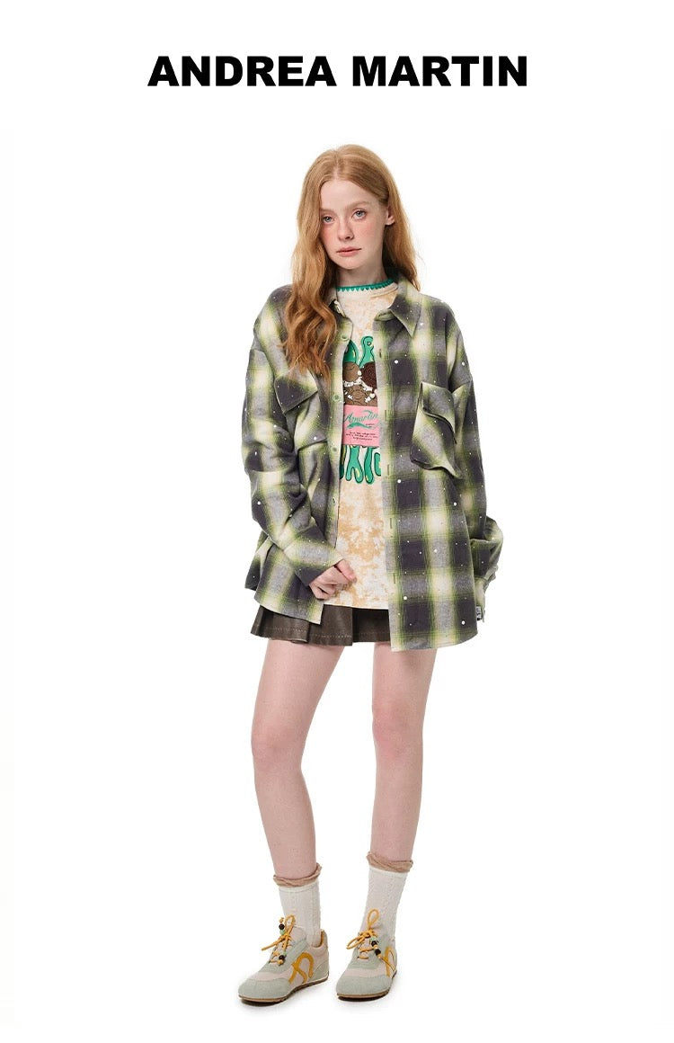 Andrea Martin Vintage Rhinestone Plaid Oversized Shirt