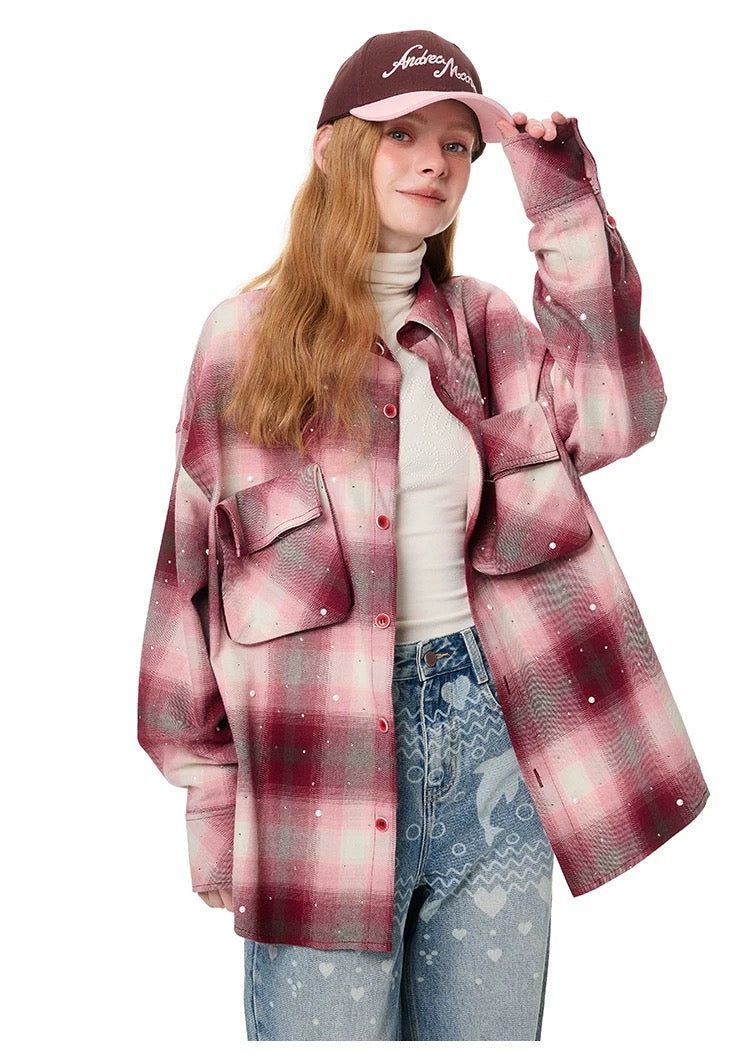 Andrea Martin Vintage Rhinestone Plaid Oversized Shirt
