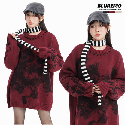 BLUREMO Street Style Contrast Color Beading Knitted Sweater