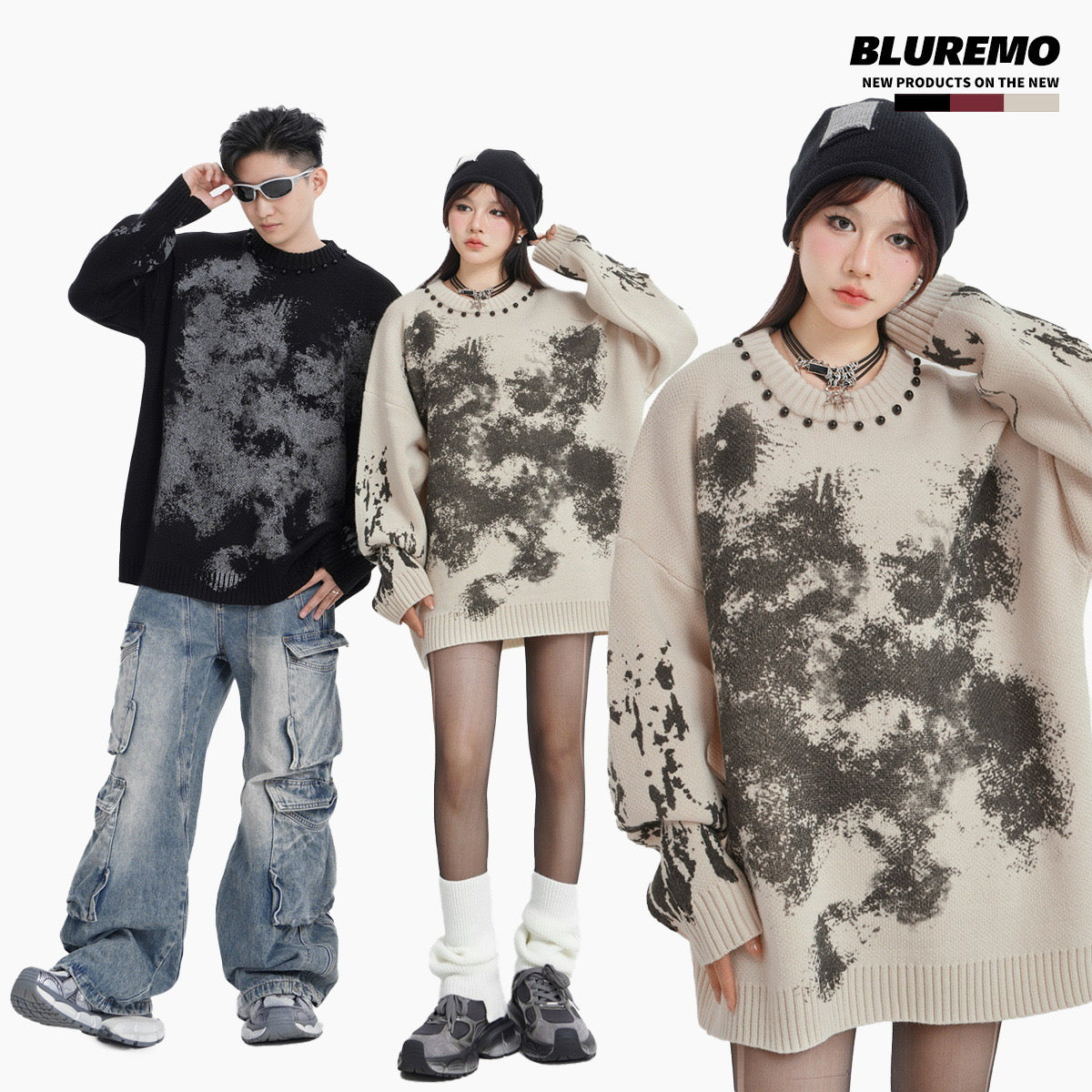 BLUREMO Street Style Contrast Color Beading Knitted Sweater