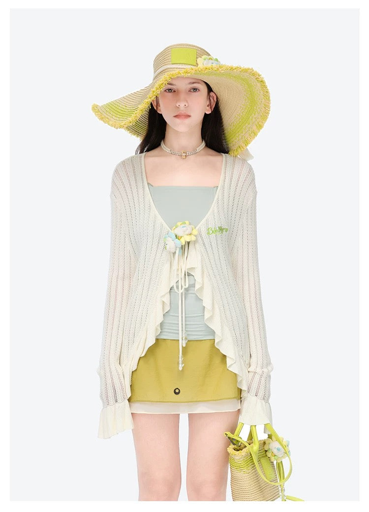 13DE MARZO Floral Lines Hollow Cardigan Beige