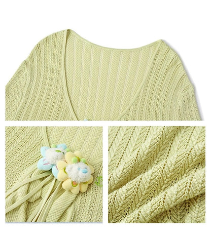 13DE MARZO Floral Lines Hollow Cardigan Green