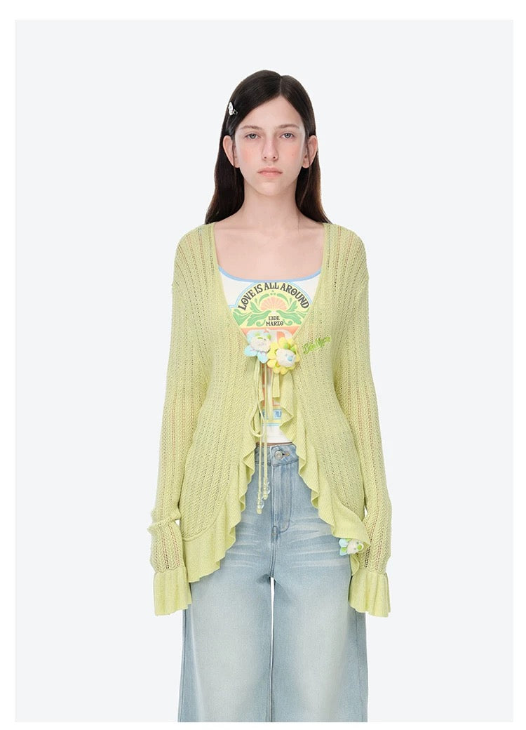 13DE MARZO Floral Lines Hollow Cardigan Green