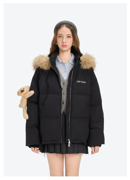 13DE MARZO Bear Fuzzy Hood Down Jacket Black