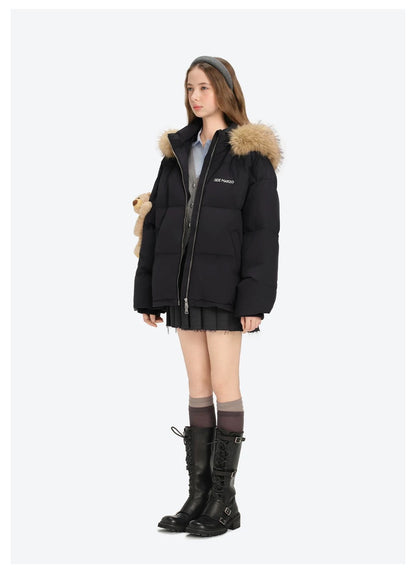 13DE MARZO Bear Fuzzy Hood Down Jacket Black