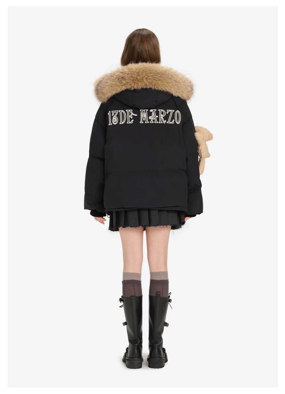 13DE MARZO Bear Fuzzy Hood Down Jacket Black