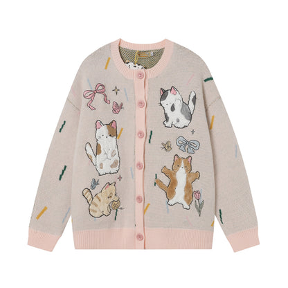 ✦FX✦ Cute Kitten Embroidered Striped Knit Cardigan Pink