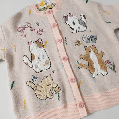 ✦FX✦ Cute Kitten Embroidered Striped Knit Cardigan Pink