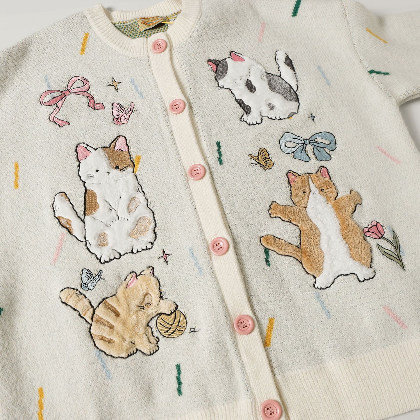 ✦FX✦ Cute Kitten Embroidered Striped Knit Cardigan White