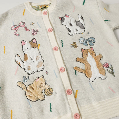 ✦FX✦ Cute Kitten Embroidered Striped Knit Cardigan White