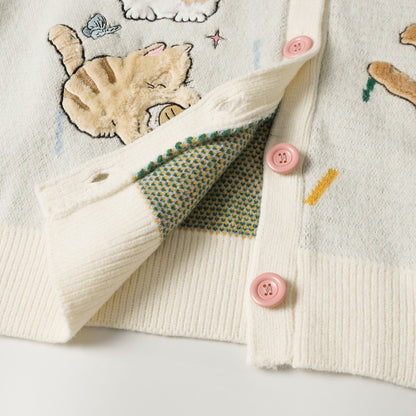 ✦FX✦ Cute Kitten Embroidered Striped Knit Cardigan White