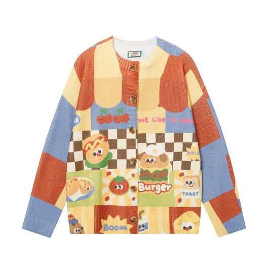 ✦FX✦ Retro Hamburger Puppy Print Casual Cardigan