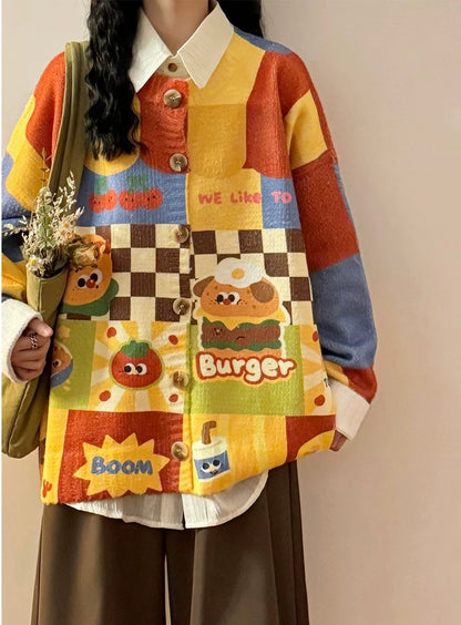 ✦FX✦ Retro Hamburger Puppy Print Casual Cardigan