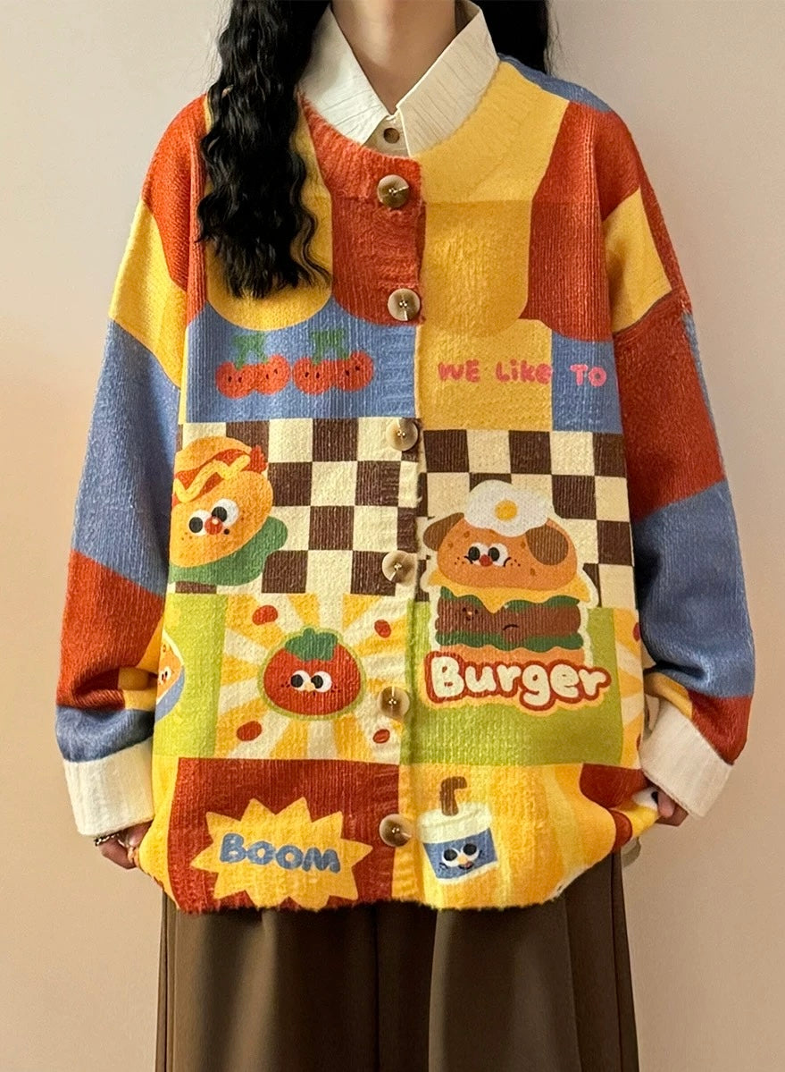 ✦FX✦ Retro Hamburger Puppy Print Casual Cardigan