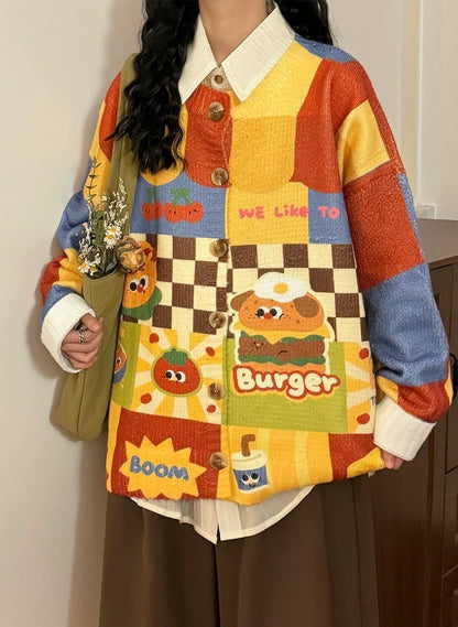 ✦FX✦ Retro Hamburger Puppy Print Casual Cardigan