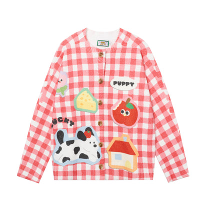 ✦FX✦ Retro Cutie Puppy Red Grid Casual Cardigan