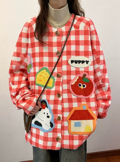 ✦FX✦ Retro Cutie Puppy Red Grid Casual Cardigan