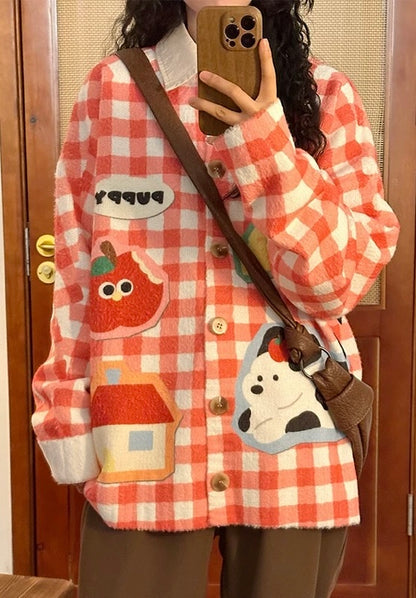 ✦FX✦ Retro Cutie Puppy Red Grid Casual Cardigan