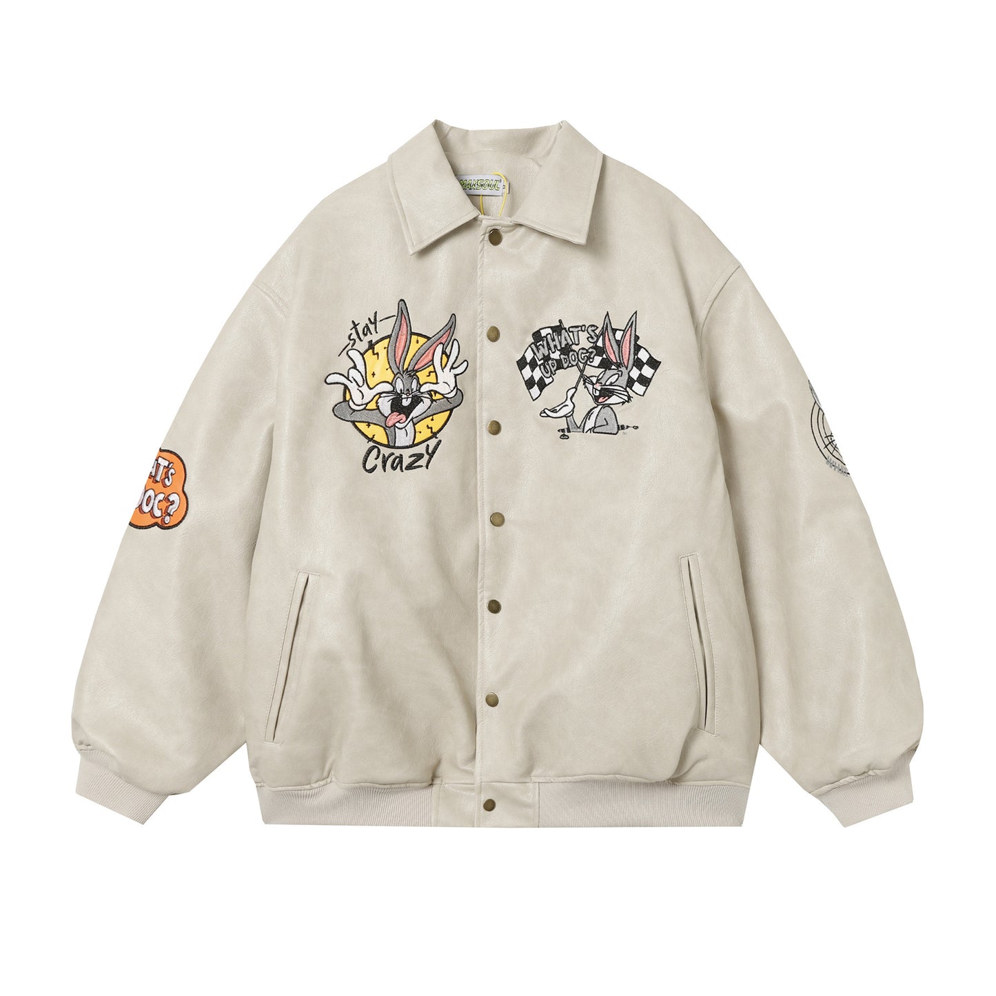 ✦FX✦ Retro Bugs Bunny Embroidered Lapel Leather Jacket