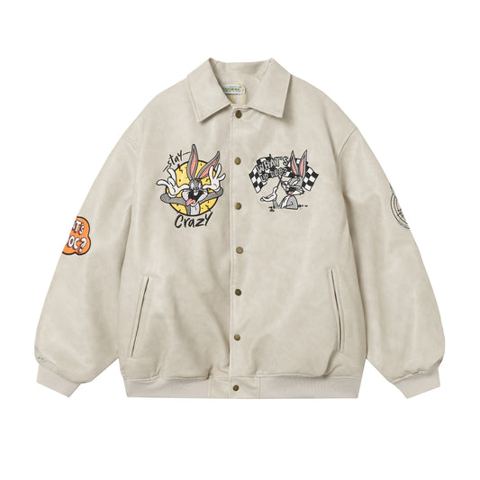 ✦FX✦ Retro Bugs Bunny Embroidered Lapel Leather Jacket