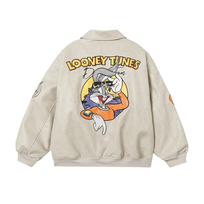 ✦FX✦ Retro Bugs Bunny Embroidered Lapel Leather Jacket