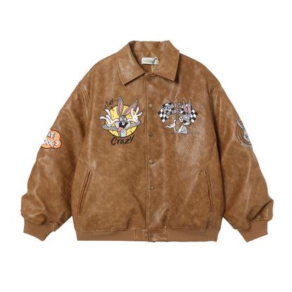 ✦FX✦ Retro Bugs Bunny Embroidered Lapel Leather Jacket